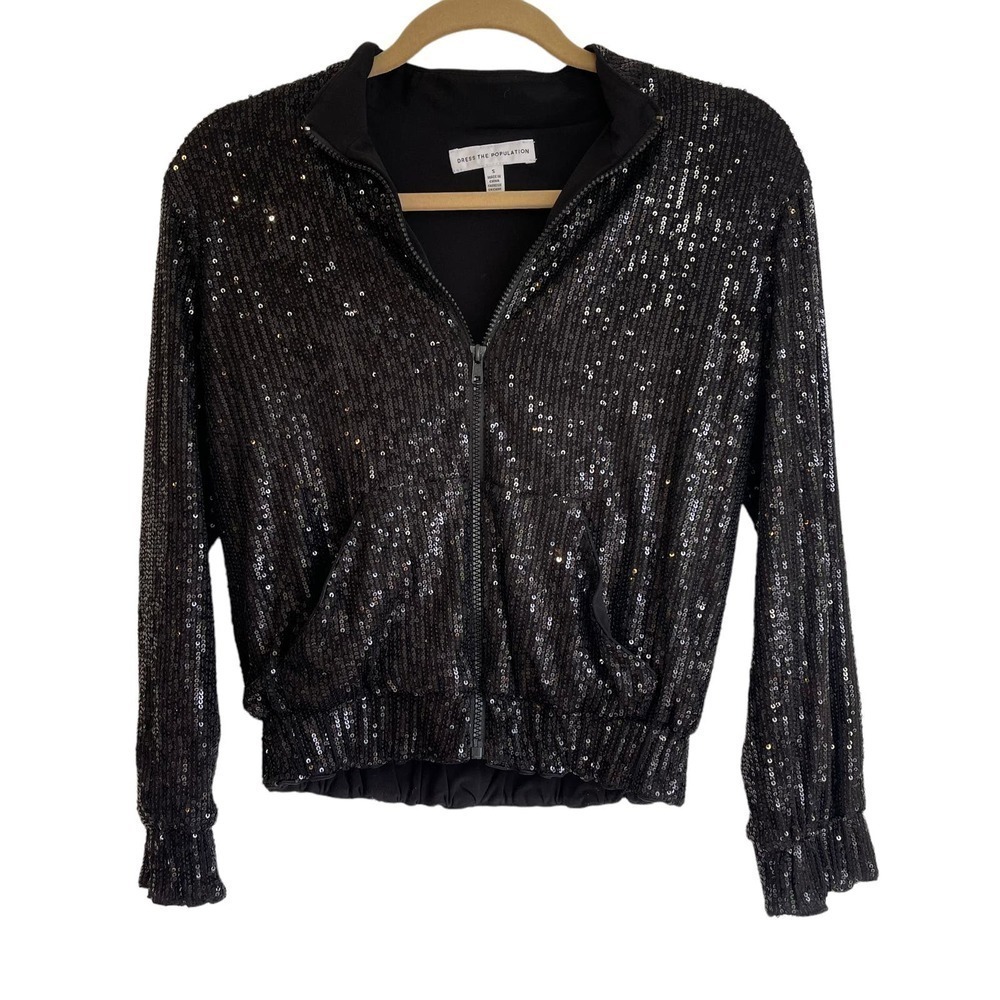 Dress the Population Sequin Black Bomber Jacket Women's Size S NWOT